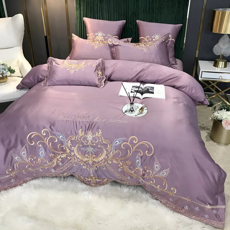 European Style Egyptian 100% Cotton Bedding Set Golden Embroidery Home Textiles Duvet Sheet Pillowcases Set Full King Queen Size