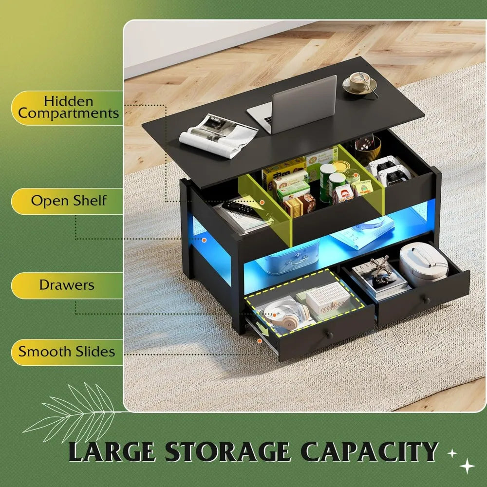 WLIVE Black Lift Top Coffee Table with 2 Drawers LED Light - Large Storage Open Shelf for Living Room Modern Home Furniture