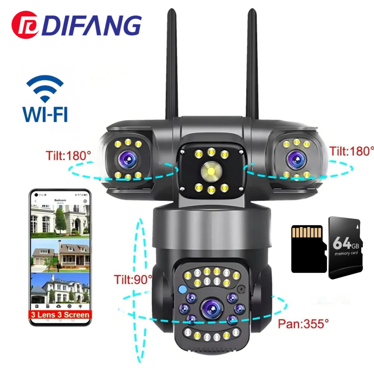 DIFANG 12MP WIFI Solar Camera 3 Len 3 Screen 10X  Zoom Outdoor Wireless Security Cameras Auto Tracking CCTV 24/7 Hour Recording
