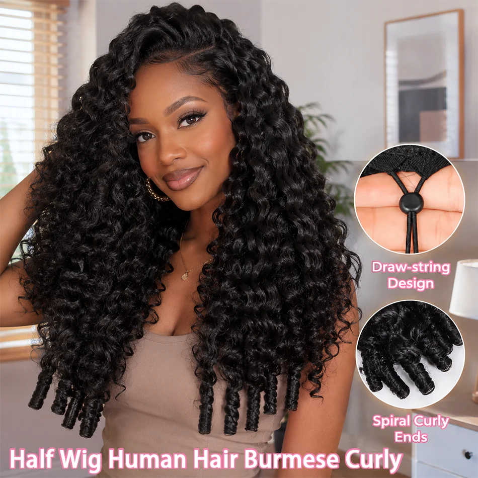 Burmese Curly Half Wig Human Hair Glueless Wig Human Hair Ready to Wear 3 IN 1 Half Wig Burmese Curly Flip Over Wig With Drawstring Seamless Clip Ins