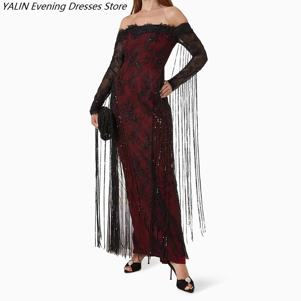 Women's A-line Evening Dresses Ankle-length Off The Shoulder Full Sleeve Prom Dresses Fashion Lace Sequined Customized Gowns
