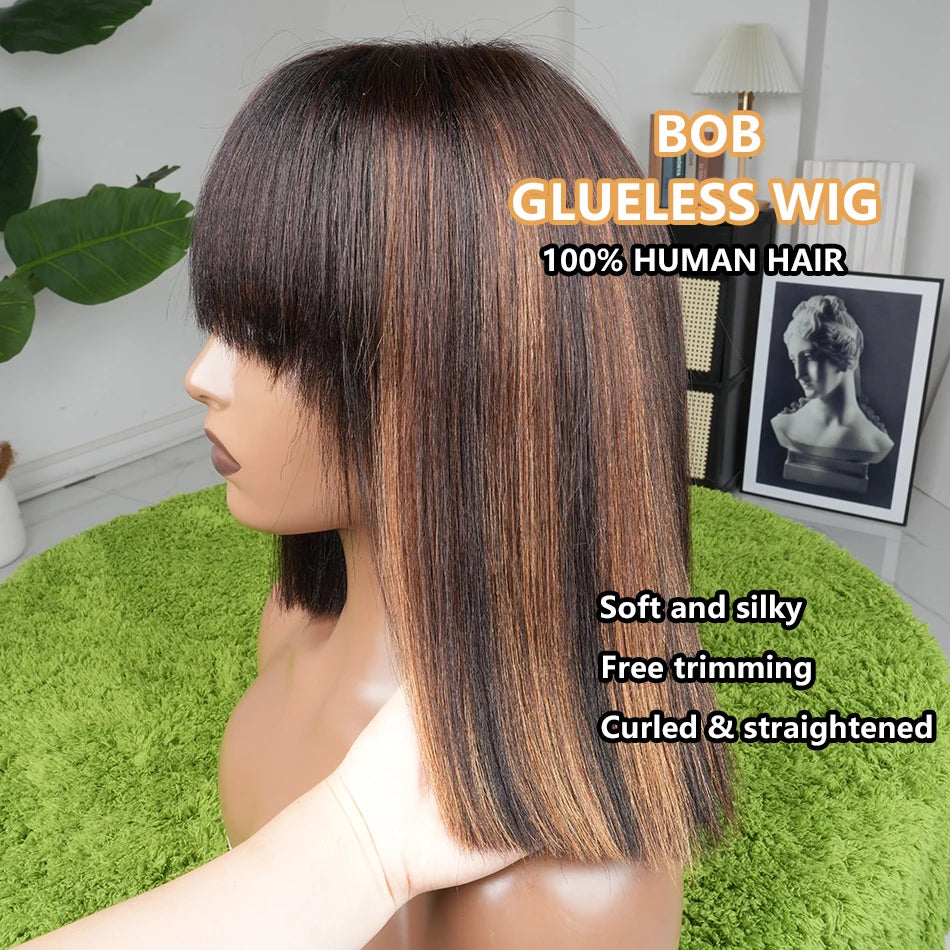 Highlight Straight Human Hair Wigs Black With Brown 10 Inch HD 1x4 Lace Glueless Wear And Go Bob Wig With Bangs For Women