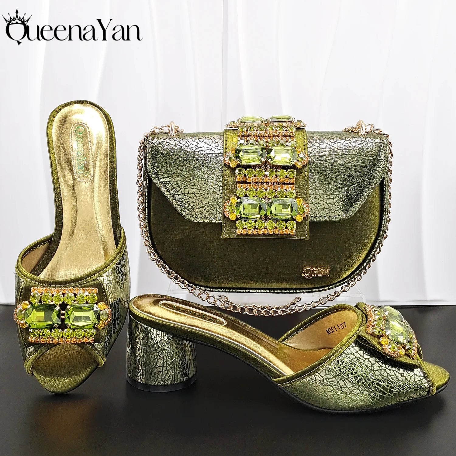 QueenaYan Italian Design Fashion Mature Style Rhinestone Peep Toe Party Women's High Heels with Diamond Oval Bag for Sky Blue