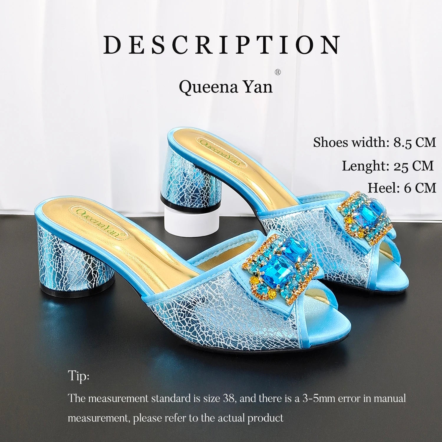 QueenaYan Italian Design Fashion Mature Style Rhinestone Peep Toe Party Women's High Heels with Diamond Oval Bag for Sky Blue