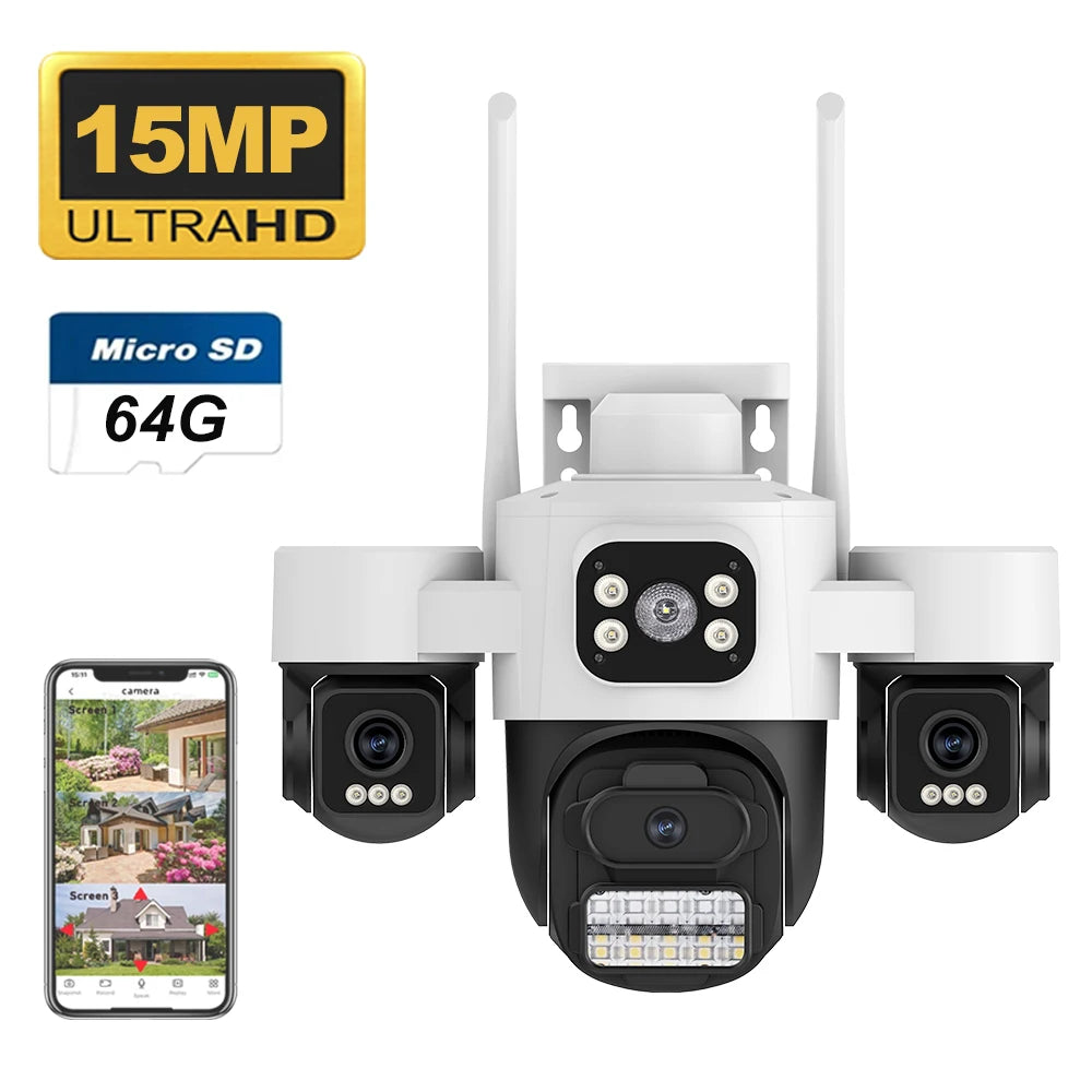 ICsee15MP Security Camera 3-HD Screen PTZ Outdoor WiFi IP Cam with Auto Tracking IP66 Waterproof 2-Way Audio CCTV Surveillance