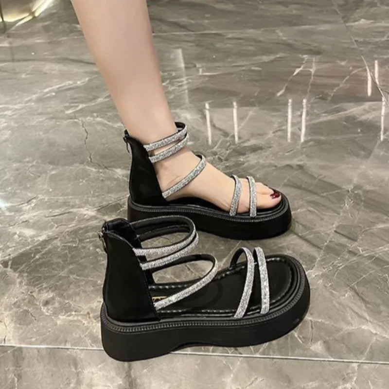 Women's Sandals Fashion Thick Soled Ankle Cool Boots Summer Roman Sandals Luxury Rhinestone Casual Cool Boots Sandalias De Mujer