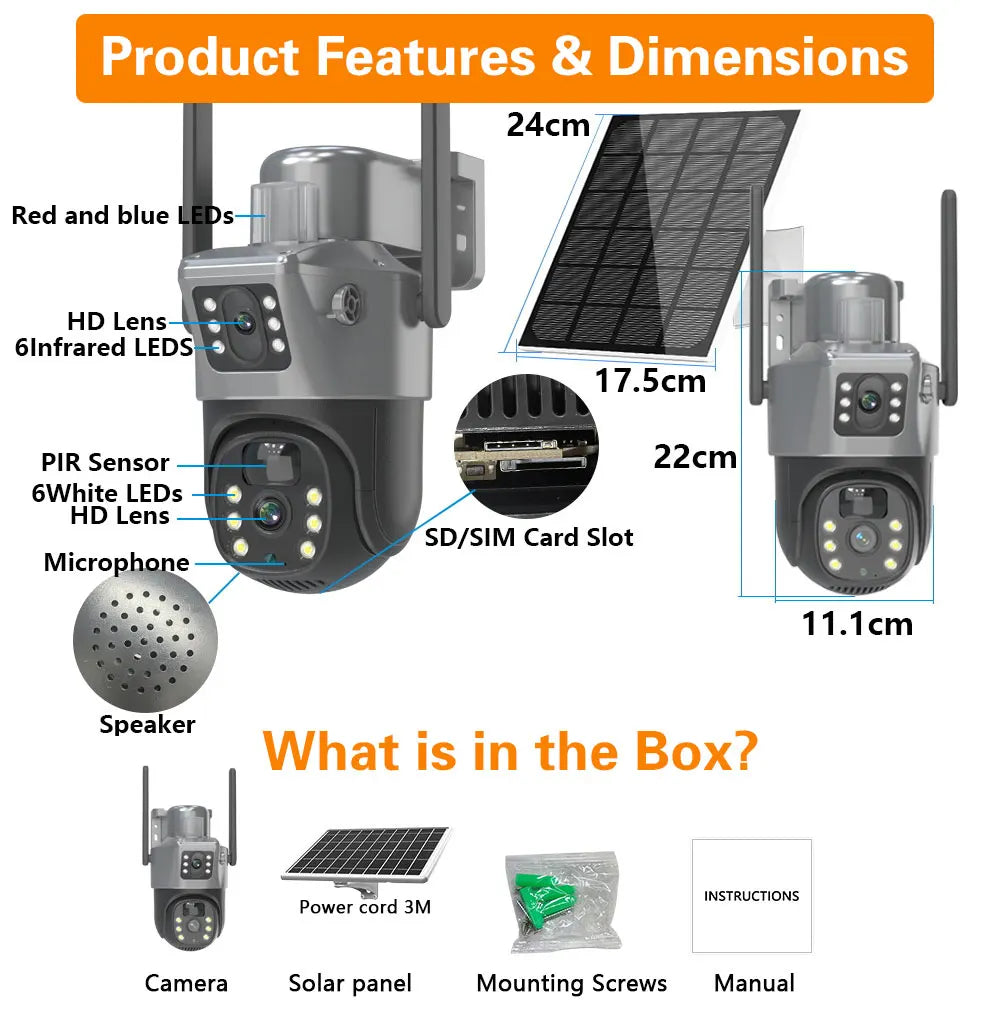 4K 8MP Solar PTZ Camera WIFI Dual Lens Security CCTV Zoom Humanoid Tracking Record Outdoor Wireless Surveillance Cam 128 TF Card