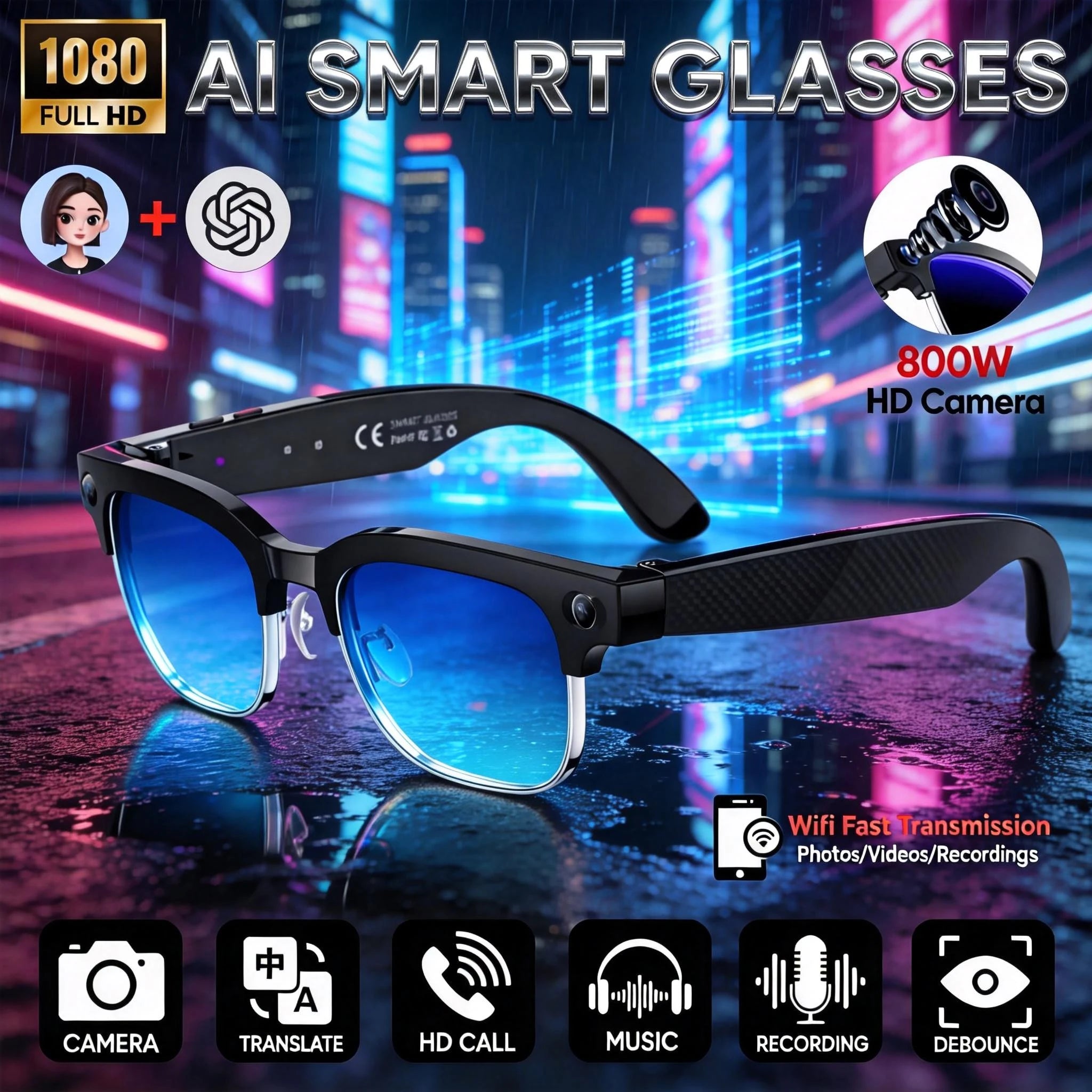 2026 New Fashion Smart Glasses With Camera Video Recording AI Photo Recognition Bluetooth Call Translation Voice Sunglasses Men