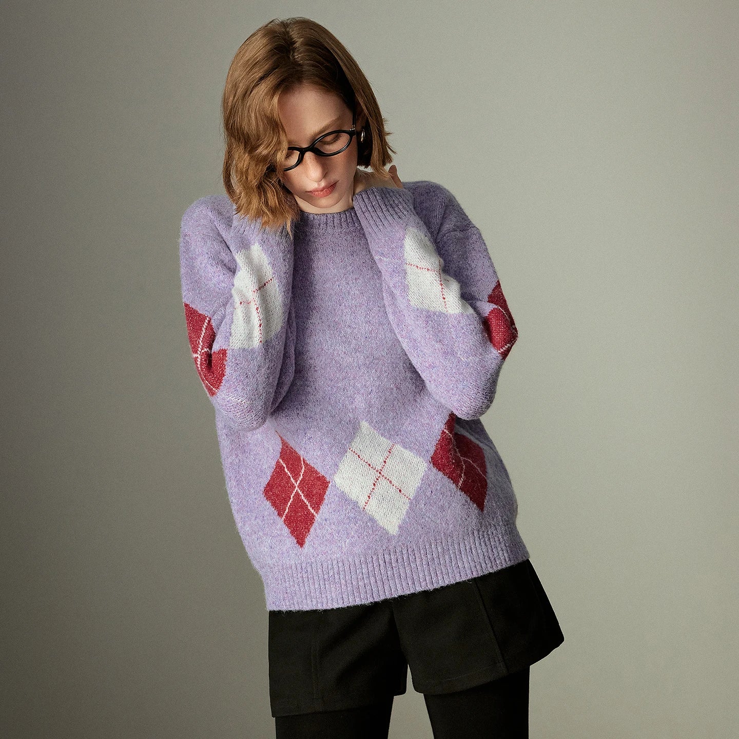 TOYOUTH Women Sweaters 2025 Winter New Vintage Argyle Alpaca Wool Yarn Crew-neck Knitted Tops
