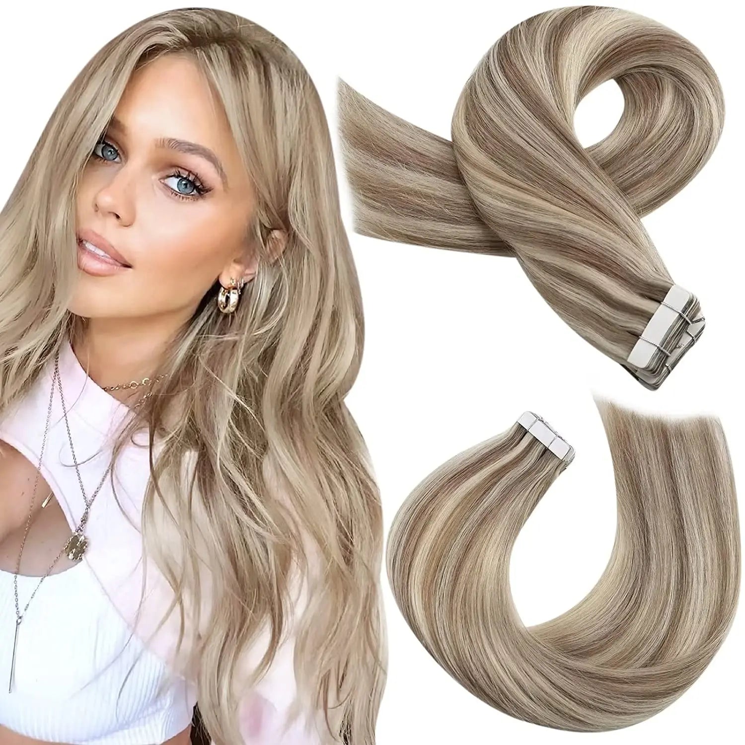 Moresoo Tape in Human Hair Extensions Balayage Blonde Hair Remy Hair Natural Soft Skin Weft Straight Seamless Hair Tape in Hair