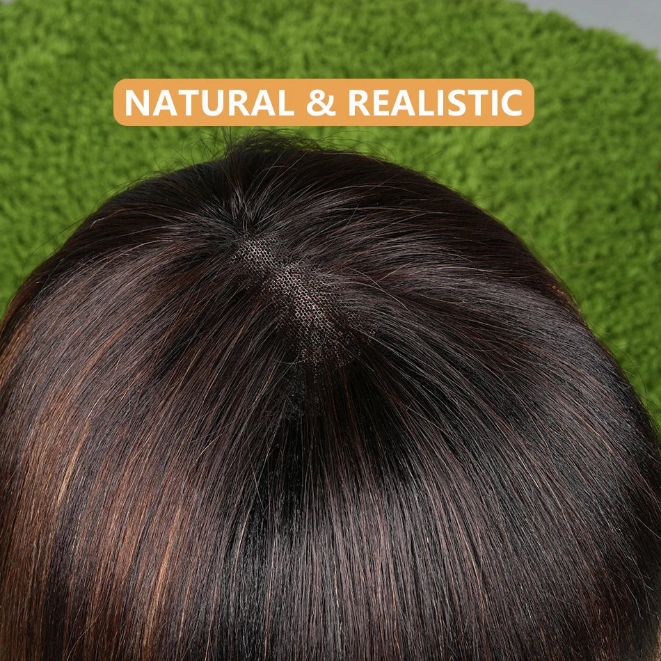 Highlight Straight Human Hair Wigs Black With Brown 10 Inch HD 1x4 Lace Glueless Wear And Go Bob Wig With Bangs For Women