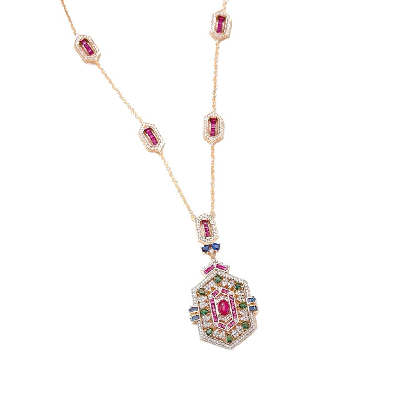 Vintage Style Earrings Necklace Women Lady Inlay Cubic Zircon Synthetic Ruby Rhombus Tassels Pendant Party Jewelry Sets