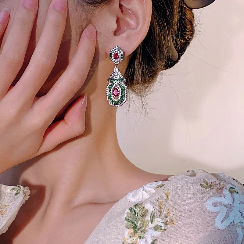 Luxury 18K Solid Platinum PT950 certifid new true red corundum palace style high-end earrings for women