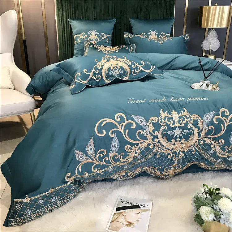 European Style Egyptian 100% Cotton Bedding Set Golden Embroidery Home Textiles Duvet Sheet Pillowcases Set Full King Queen Size