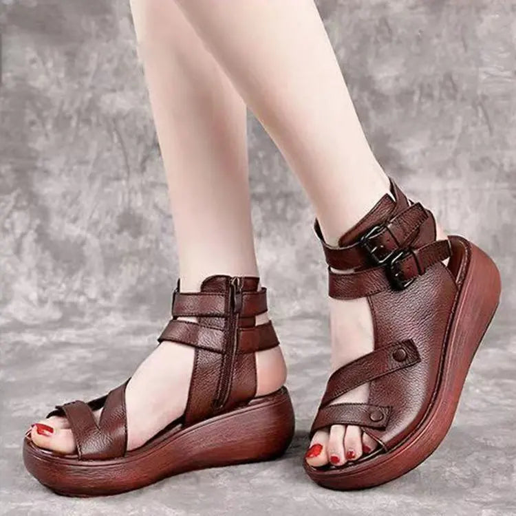 Women's Sandals Summer Mid Heeled Wedges Shoes for Women Retro Leather Gladiator Sandals Platform Rome Sandalias De Mujer