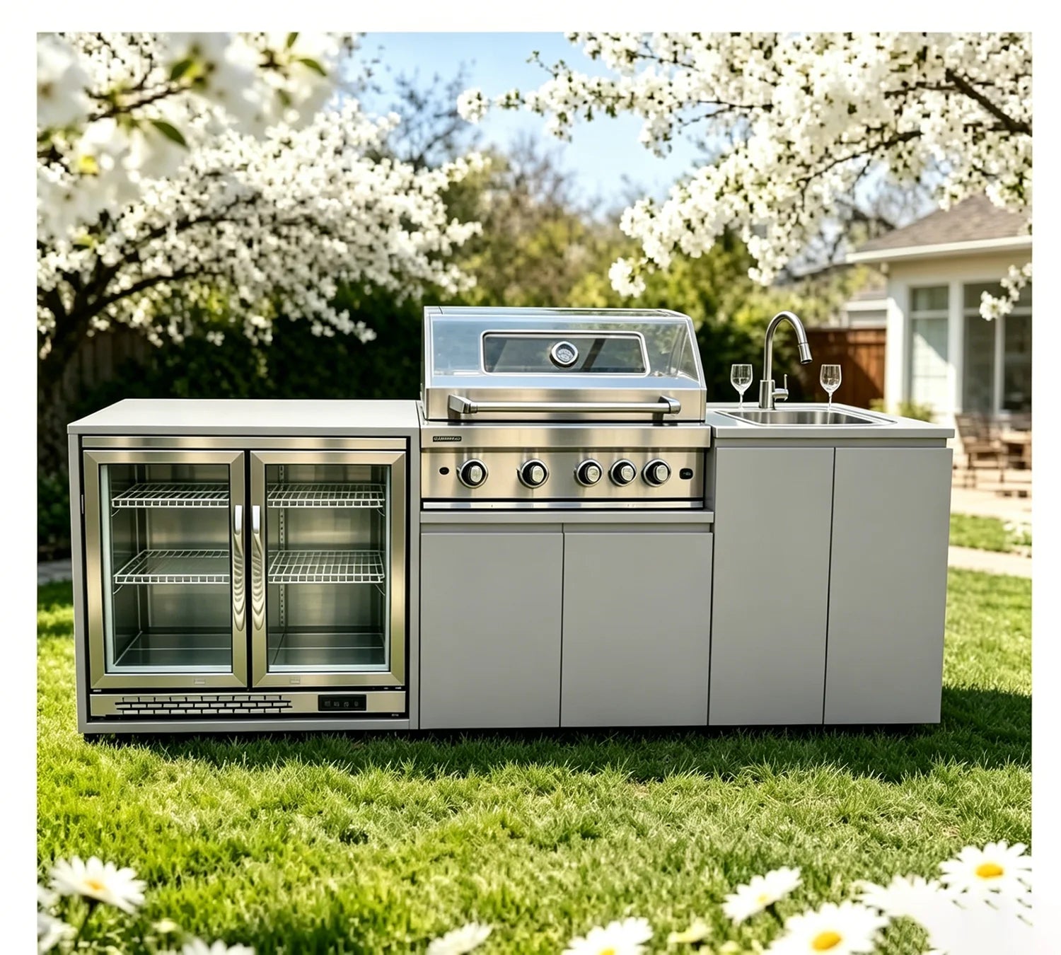 For Backyard Patio Garden Outdoor Kitchen Cabinets 304 Stainless Steel With Grill Cooktop Sink Fridge Rolling Movable On Wheels