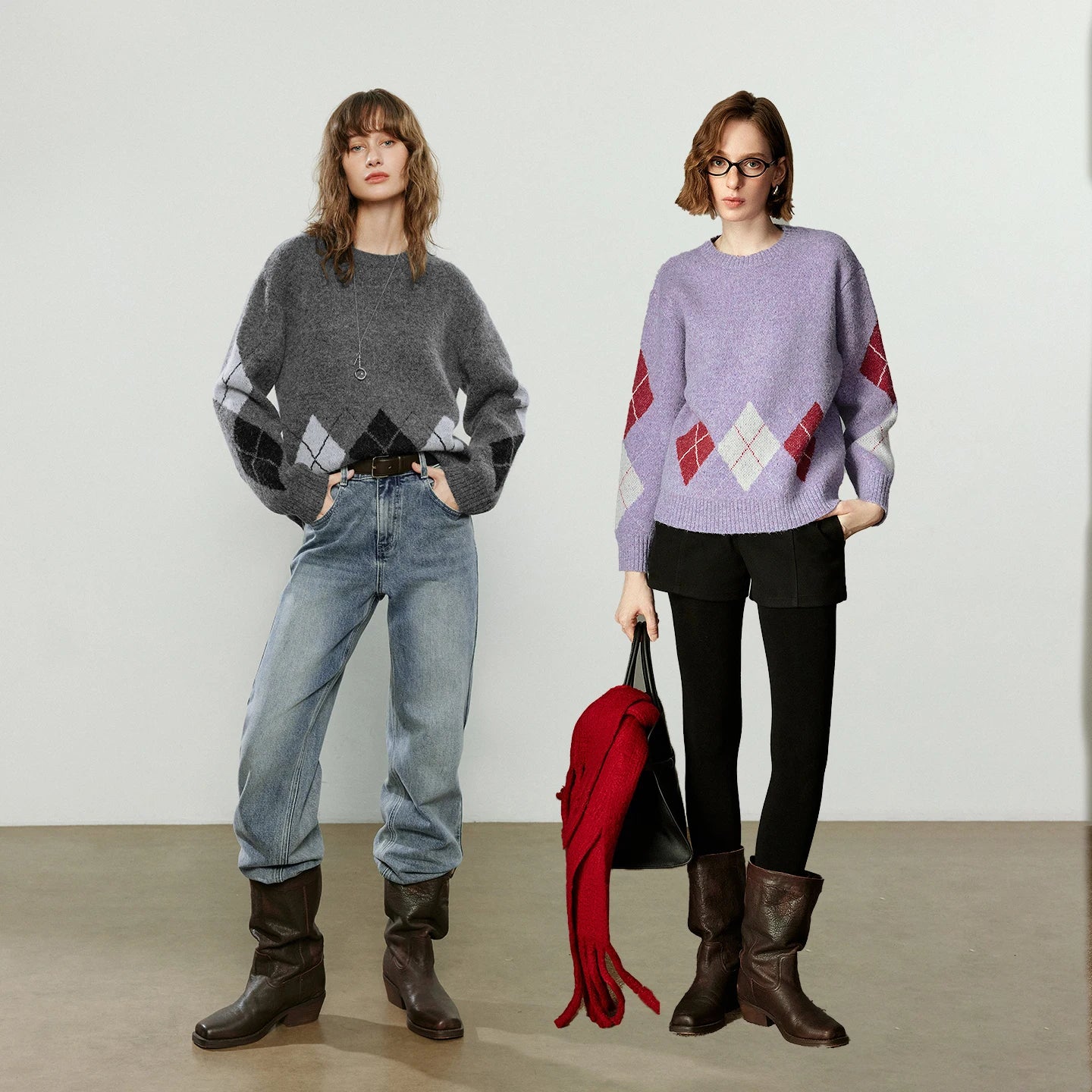 TOYOUTH Women Sweaters 2025 Winter New Vintage Argyle Alpaca Wool Yarn Crew-neck Knitted Tops