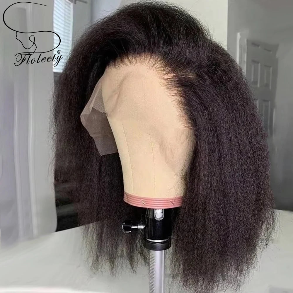 100% Human Hair Wig Kinky Straight Bob Wigs Human Hair 13x4 HD Lace Frontal Wigs 4x4 Lace Closure Glueless Wigs For Women 180%