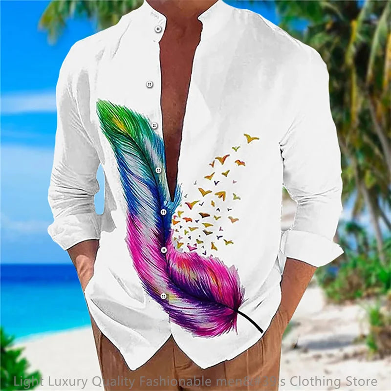 New men's shirt long-sleeved shirt 3D printing flower pattern long-sleeved standing clothing fashion casual XS-6XL soft fabric