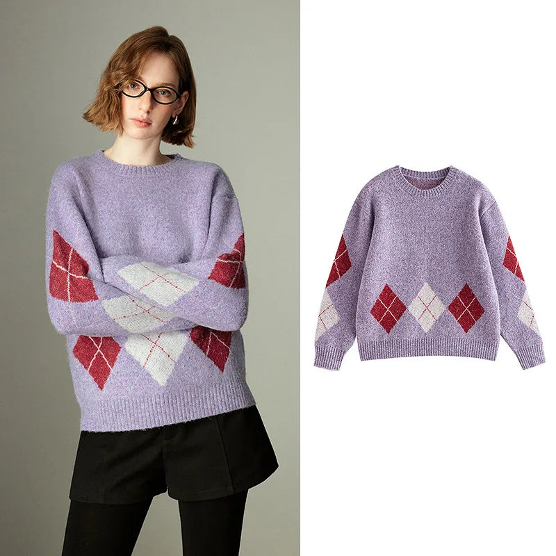 TOYOUTH Women Sweaters 2025 Winter New Vintage Argyle Alpaca Wool Yarn Crew-neck Knitted Tops