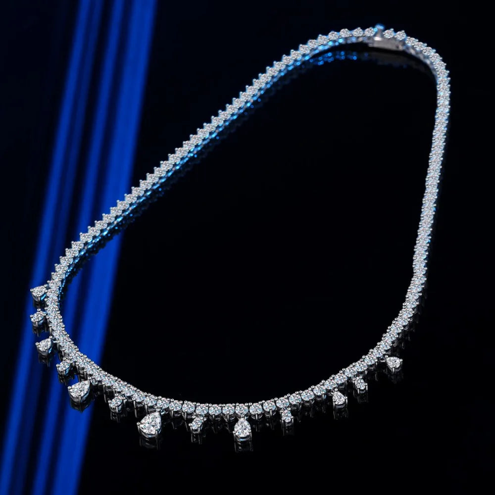 Full 3MM Moissanite Tennis Necklace with Pear Pendant 925 Sterling Silver Tassel Lab Diamond NeckChain for Women Wedding Jewelry