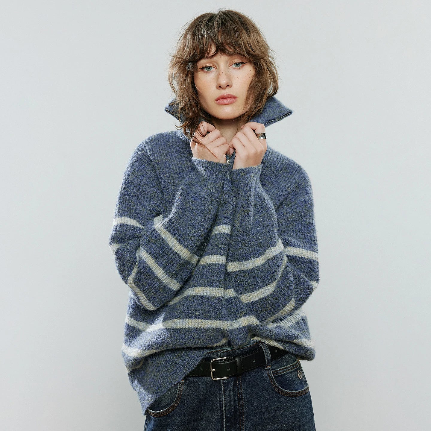 TOYOUTH Women Sweaters 2025 Winter NewAsymmetric Zipper Lapel Iridescent Faux Mohair Light Sports Top