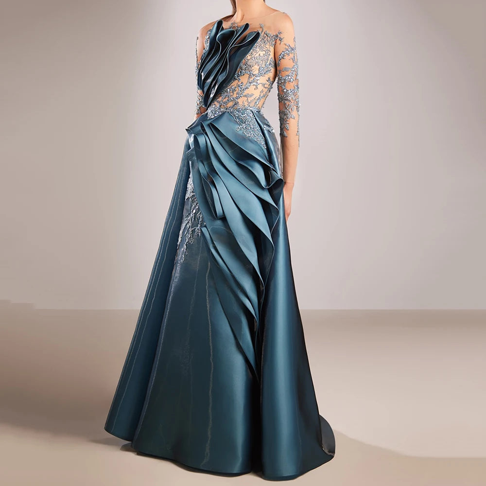 Customized Mermaid Evening Dresses Floor-length Scoop-neck Full Sleeve Prom Gown Fashion Flowers Pleat Simple Draped Party Gown