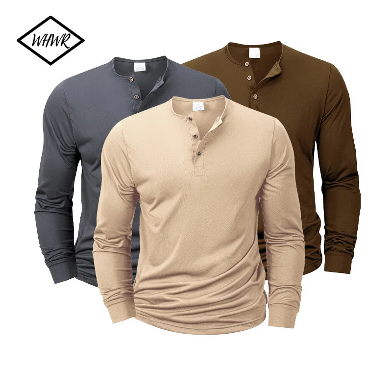Men Long Sleeved T-shirt Slim Fit Bottoming Shirt Fitness Tops Tees Button Henley Neck Casual Cozy Tshirt