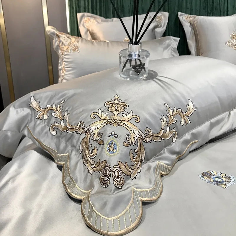European Style Egyptian 100% Cotton Bedding Set Golden Embroidery Home Textiles Duvet Sheet Pillowcases Set Full King Queen Size