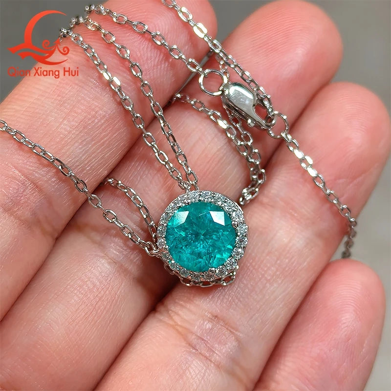 Luxury 925 Sterling Silver Necklace Paraiba YAG Gemstone with Moissanite Halo Pendant Neon Blue Paraiba Fine Jewelry for Women