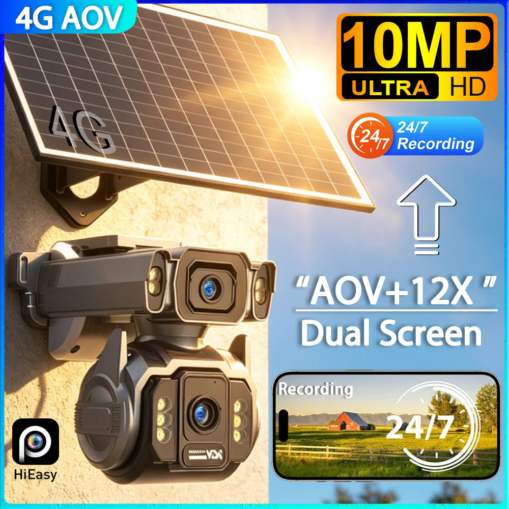 10MP 4G AOV Solar Cameras 12X Optical Zoom Dual Screen Outdoor Security Cameras 24/7 Video Recording Auto Tracking CCTV Hieasy