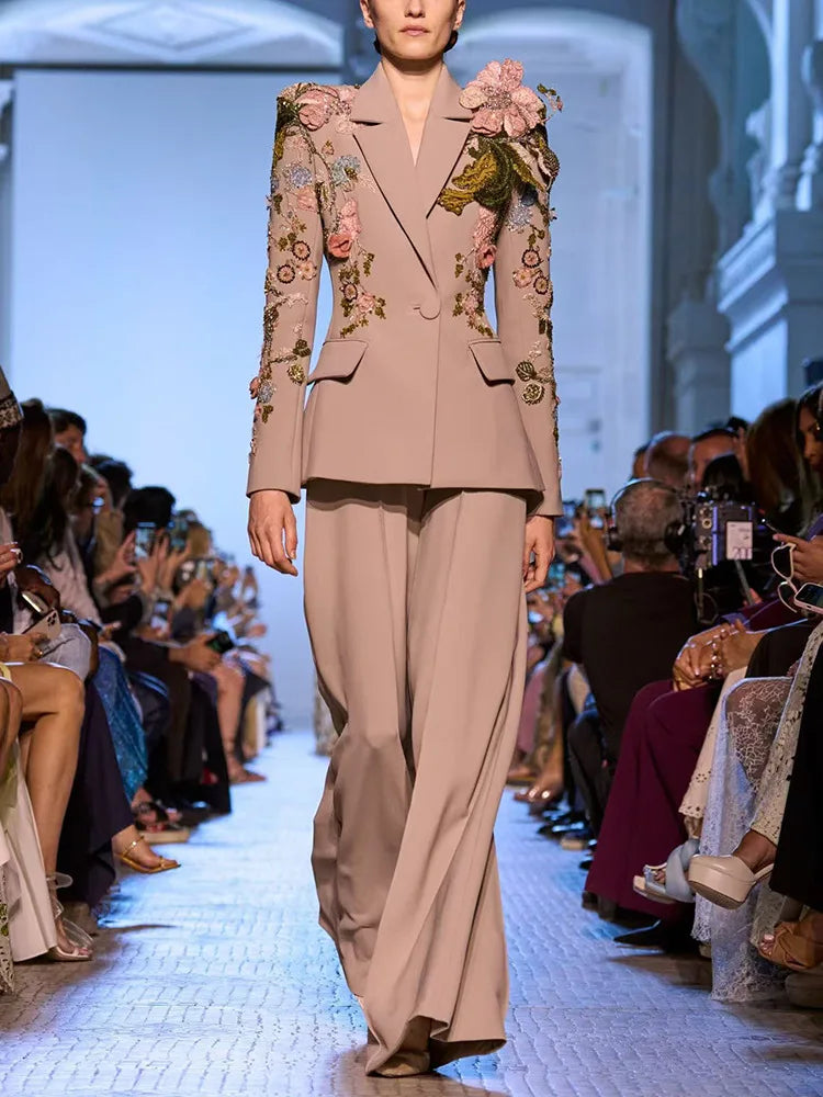 HIGH STREET Newest Fashion Designer Runway Suit Set Women's 3D Flowers Beaded Blazer Wide Leg Pants Set
