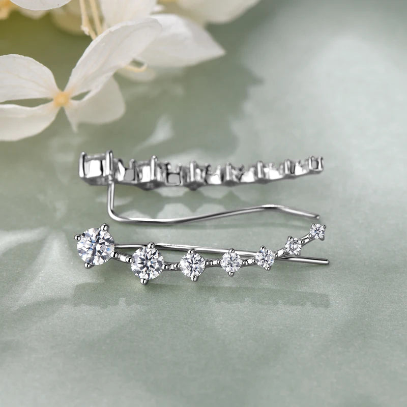 Full D Moissanite Earrings For Women Silver 925 Black/ White Diamond 7 Star Ear Cuffs Crawler Climber Earrings Unique Jewelry