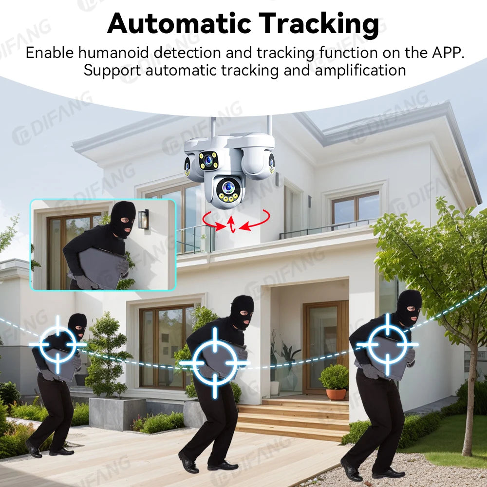 New 20MP WiFi Security Camera 4 Lens 4 Screen 6 Motors 3 PTZ 5X Digital Zoom 360° Auto Tracking IP66 Waterproof Outdoor CCTV 10K