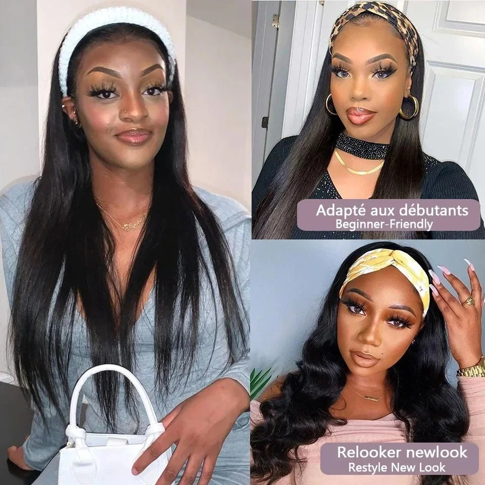 16 18 20Inch Headband Wig Human Hair Straight Headband Wigs for Black Women Glueless None Lace Front Human Hair Headband Wig Brazilian Virgin Hair Machine Made Wigs Natural Black 180% Density