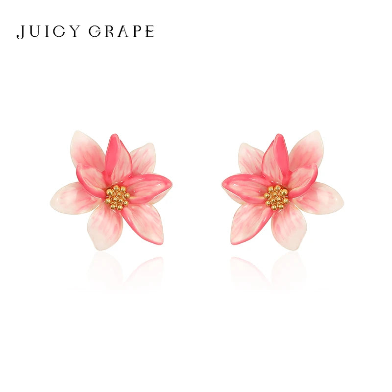 JUICY GRAPE Pink Magnolia Flower Charm Earrings for Women  S925 Silver Needle  Original Design  Light Luxury Summer Jewelry