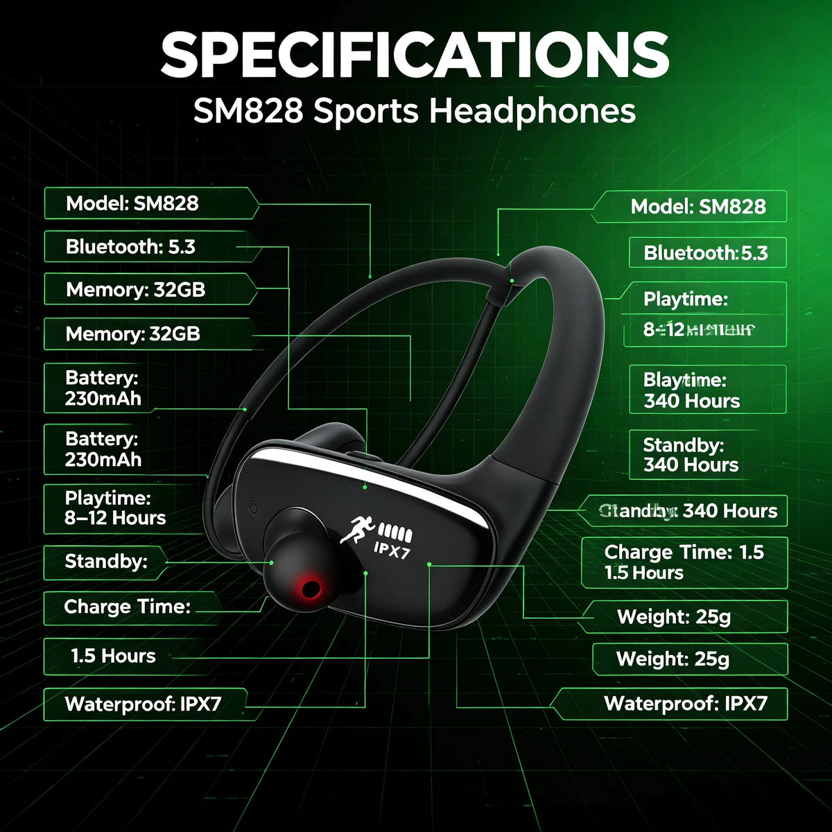 Bluetooth 5.3 In-Ear Earbuds IPX7 Waterproof Headphones, Built-in Noise Cancelling Mic, Secure Fit for Running Gym Fitness