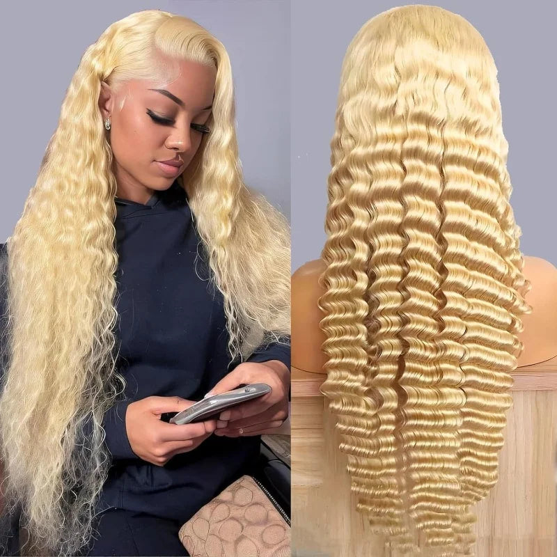 200% 250% Density 613 Blonde Lace Front Wigs Deep Wave Human Hair 13x4 Hd Lace Frontal Wig Pre Plucked Brazilian Ponytail Human Hair Lace Frontal Wig For Women Ready to Wear On Clearance Sale Pre Plucked Wig Party Work
