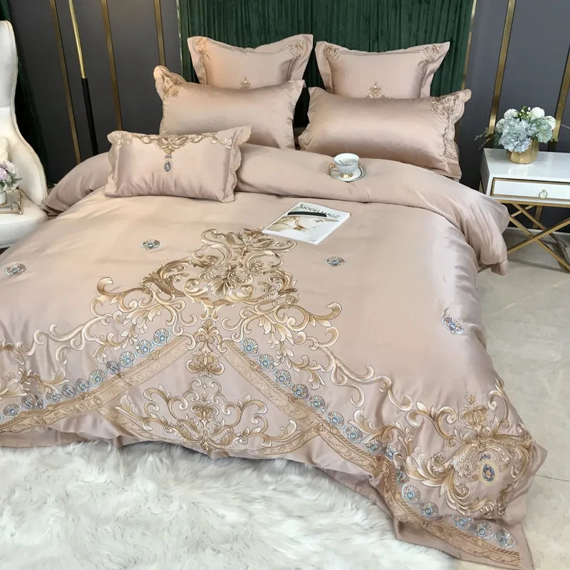 European Style Egyptian 100% Cotton Bedding Set Golden Embroidery Home Textiles Duvet Sheet Pillowcases Set Full King Queen Size