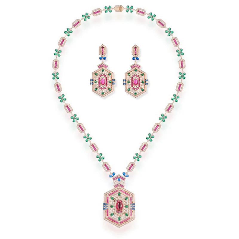 Designer Collection Earrings Necklace Women Lady Inlay Cubic Zircon Synthetic Ruby Rhombus Tassels Pendant Party Jewelry Sets