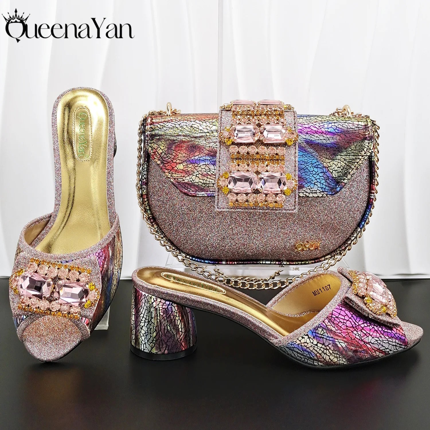 QueenaYan Italian Design Fashion Mature Style Rhinestone Peep Toe Party Women's High Heels with Diamond Oval Bag for Sky Blue