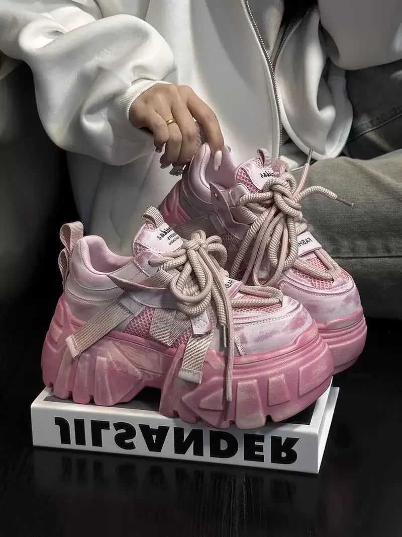 Women Chunky Sneakers High Heels Platform Thick Bottom Mesh Shoes Height Increase Fashion Unique Design Luxury Brand Spring 2025