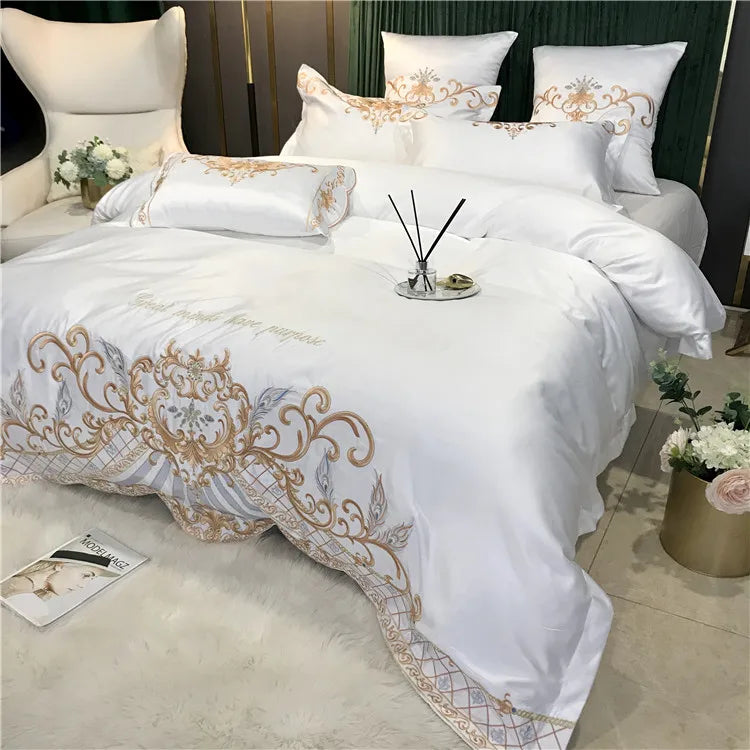 European Style Egyptian 100% Cotton Bedding Set Golden Embroidery Home Textiles Duvet Sheet Pillowcases Set Full King Queen Size