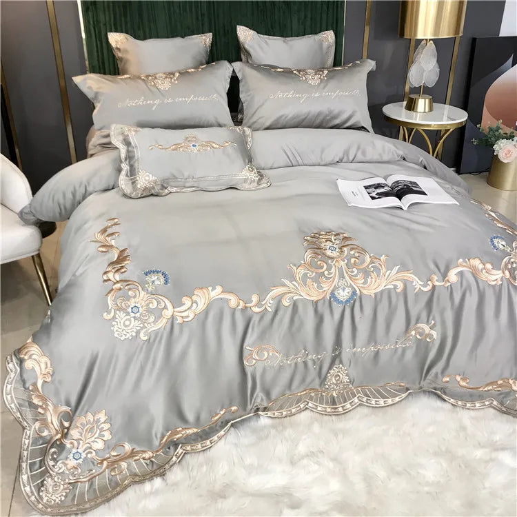 European Style Egyptian 100% Cotton Bedding Set Golden Embroidery Home Textiles Duvet Sheet Pillowcases Set Full King Queen Size