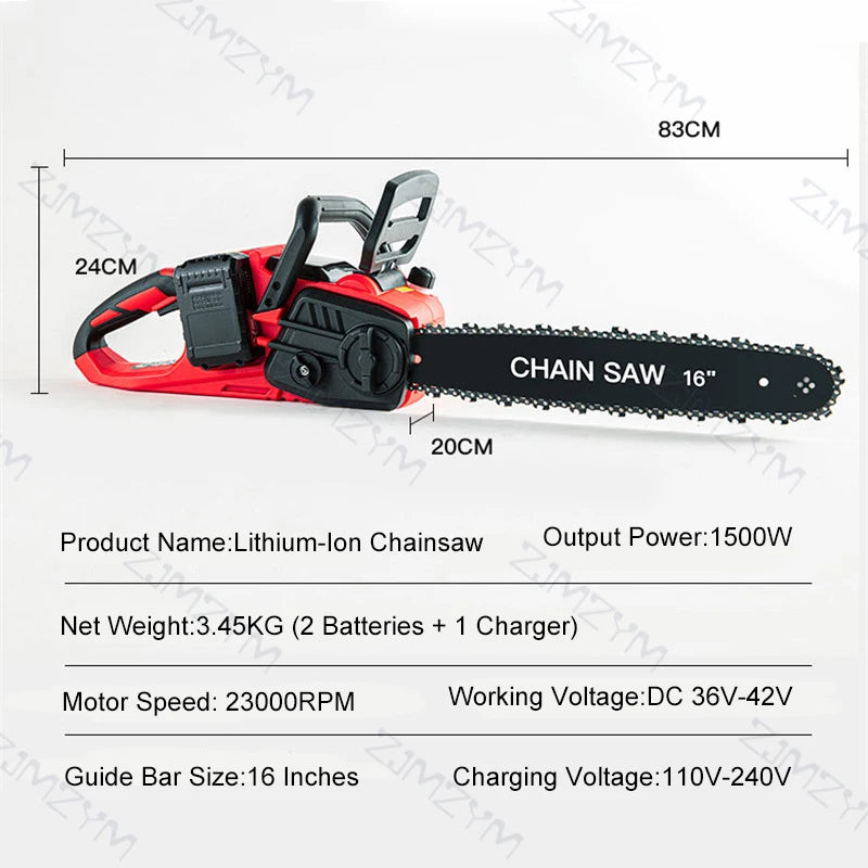 16 Inch Brushless Cordless Electric Chainsaw Rechargeable Handheld Cutter Woodworking Tools for Gardener Power Tools