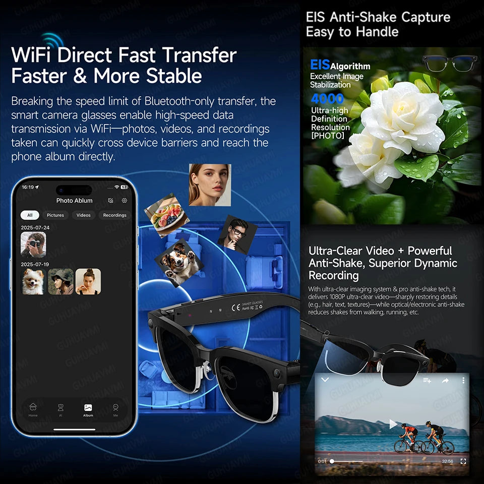 2026 New Fashion Smart Glasses With Camera Video Recording AI Photo Recognition Bluetooth Call Translation Voice Sunglasses Men
