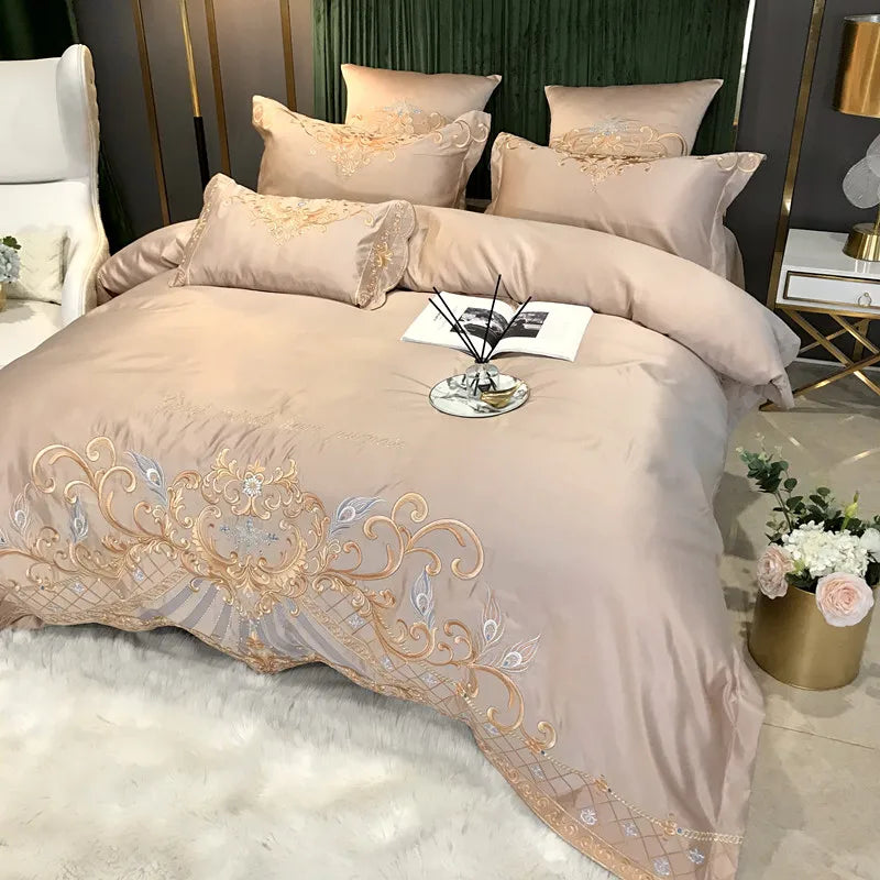 European Style Egyptian 100% Cotton Bedding Set Golden Embroidery Home Textiles Duvet Sheet Pillowcases Set Full King Queen Size