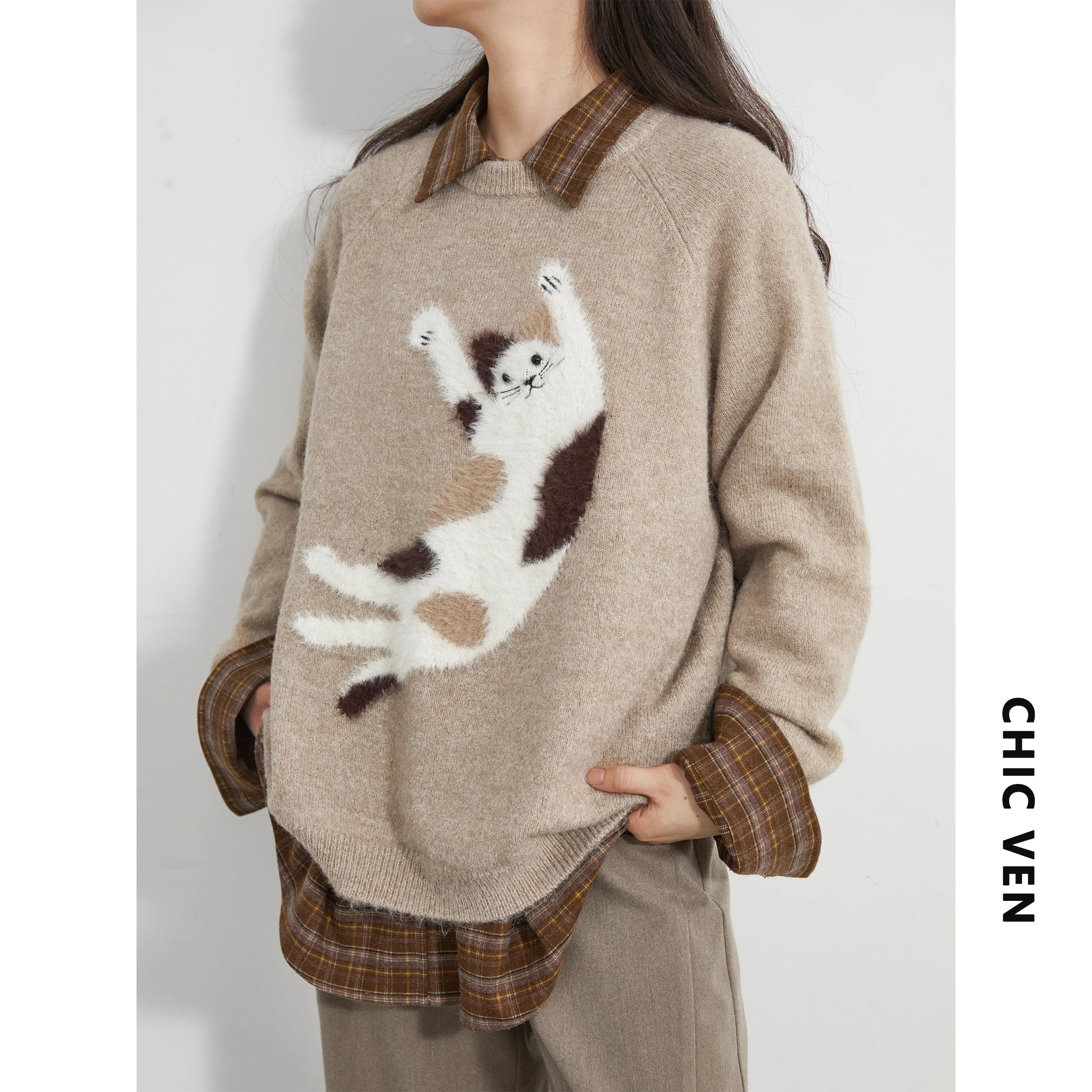 CHIC VEN Women Sweaters Loose Casual O Neck Knitted Cartoon Cat Warm Knitting Jumper Female Jumpers Pullovers Autumn Winter 2025