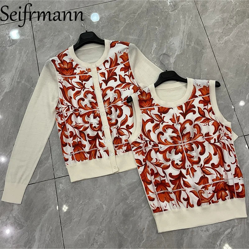 Seifrmann 2026 Summer Women's New Fashion Round Neck Long Sleeve Silk Splicing Wool Printed Cardigan+Tank Top Two Piece Set