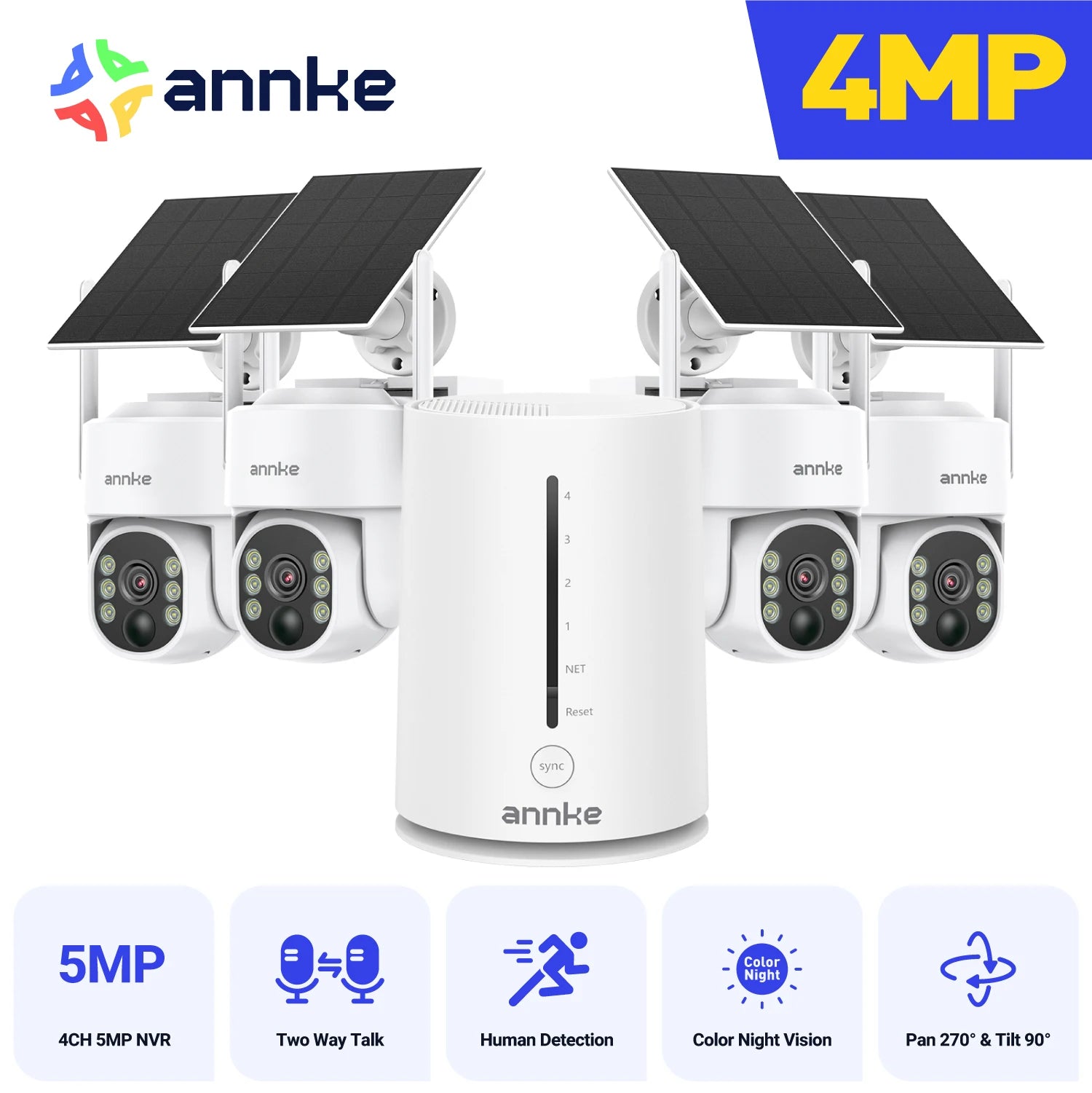 Annke 4MP Solar Security Cameras 4CH Wireless NVR 4mm Color Night Vision IP Camera Audio 2.4G 5.8G Solar Wifi Camera Outdoor
